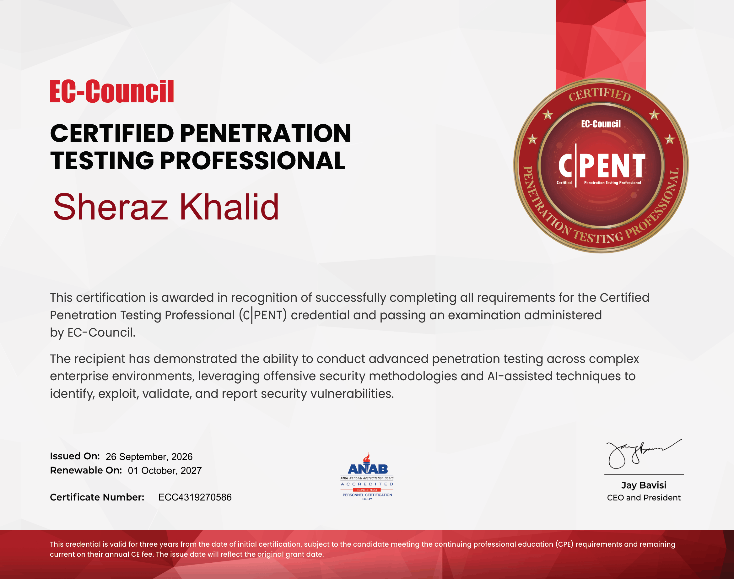 EC-Council CPENT certificate issued to Sheraz Khalid