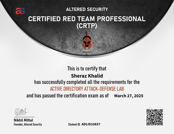 CRTP certificate issued to Sheraz Khalid